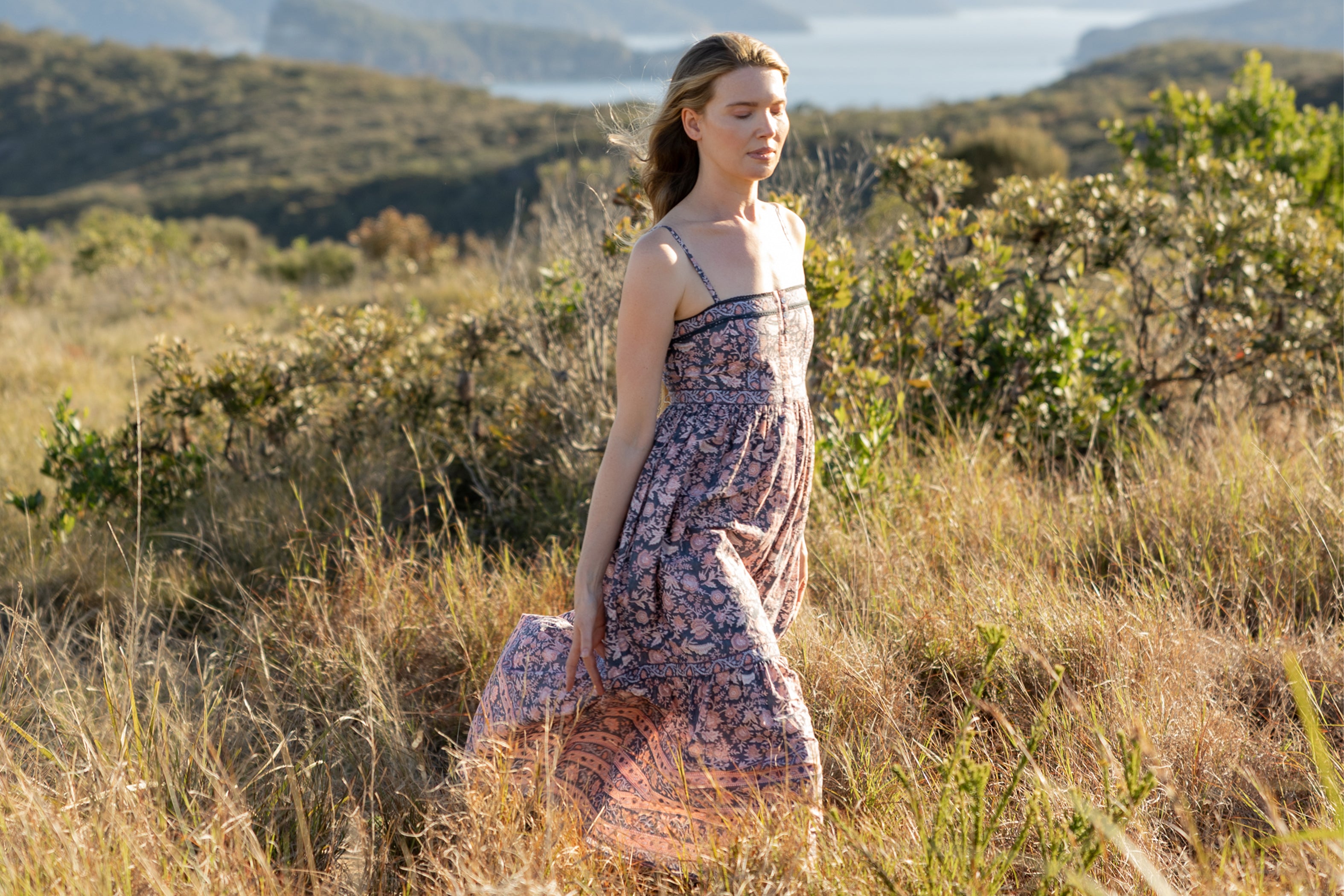 Jardin de Rose hand block printed cotton strappy prairie dress by Made by Mortals
