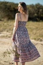 Made by Mortals women’s Jardin de Rose Midi Dress, bohemian strappy dress in black with white, blue, and pink floral, hand block printed cotton.